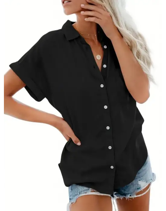 Kadın Kısa Kollu V Yakalı önden Düğmeli Dokuma Gömlek