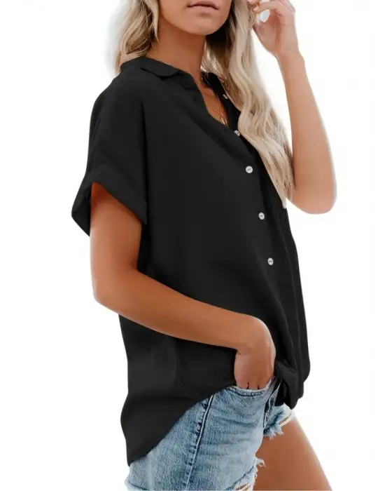 Kadın Kısa Kollu V Yakalı önden Düğmeli Dokuma Gömlek