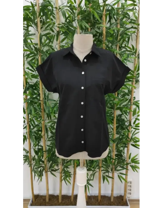 Kadın Kısa Kollu V Yakalı önden Düğmeli Dokuma Gömlek