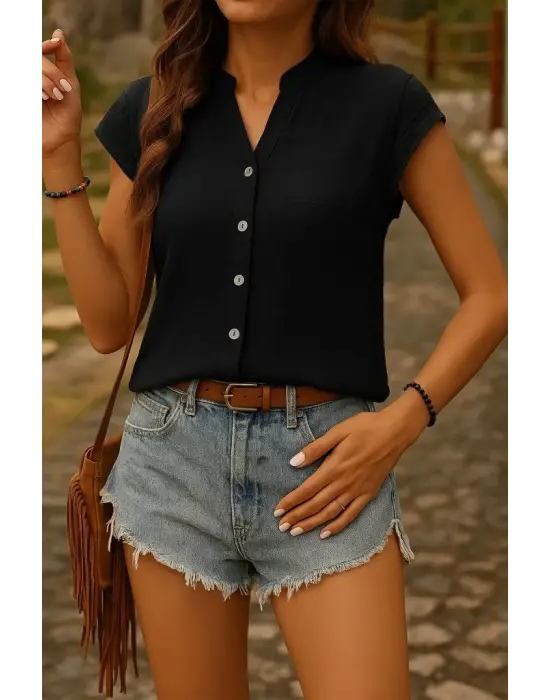 Kadın Kısa Kollu V Yakalı önden Düğmeli Müslim Gömlek