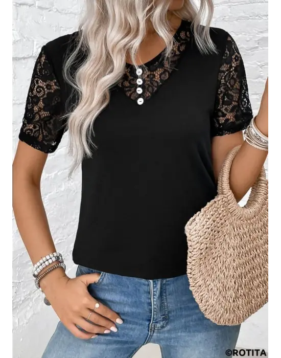 Kadın Kısa Kollu V Yakalı önden Düğmeli Viskon Bluz