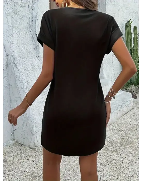 Kadın Kısa Kollu V Yakalı önden Düğmeli Viskon Iki Iplik Elbise