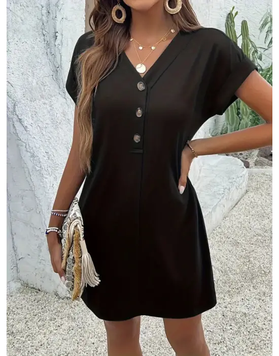 Kadın Kısa Kollu V Yakalı önden Düğmeli Viskon Iki Iplik Elbise