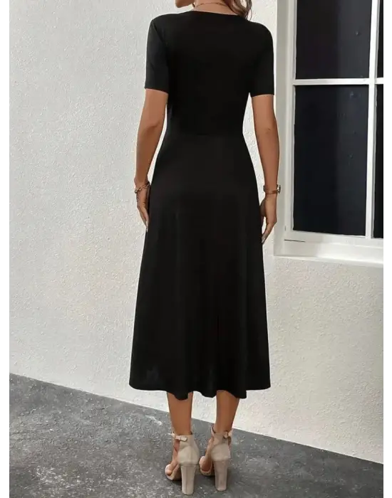 Kadın Kısa Kollu V Yakalı önden Düğmeli Yırtmaçlı Midi Viskon Elbise