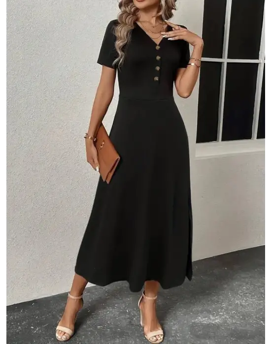 Kadın Kısa Kollu V Yakalı önden Düğmeli Yırtmaçlı Midi Viskon Elbise