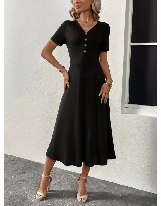 Omarı Şık Kadın V Yakalı Midi Elbise