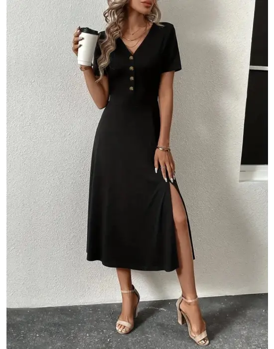 Omarı Şık Kadın V Yakalı Midi Elbise