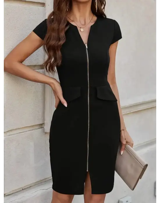 Kadın Kısa Kollu V Yakalı önden Fermuarlı Kısa Ithal Krep Elbise