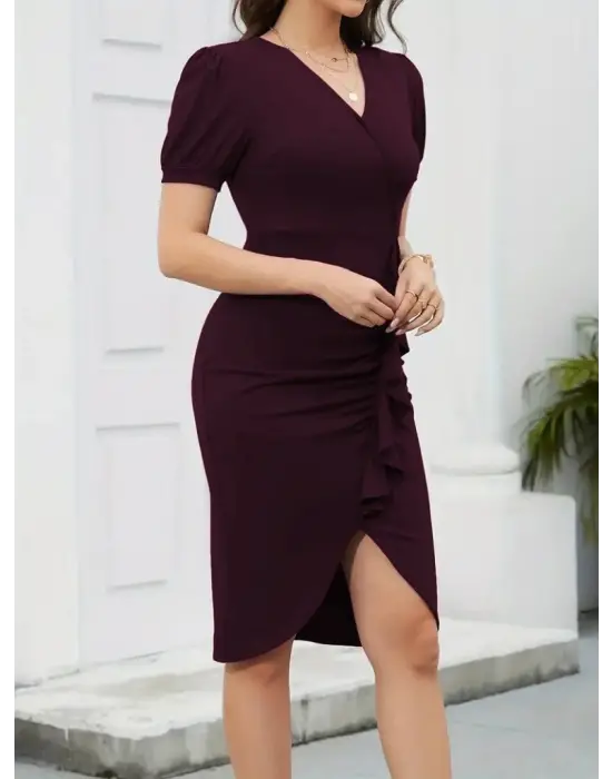 Kadın Kısa Kollu V Yakalı önden Fırfırlı Ithal Krep Elbise