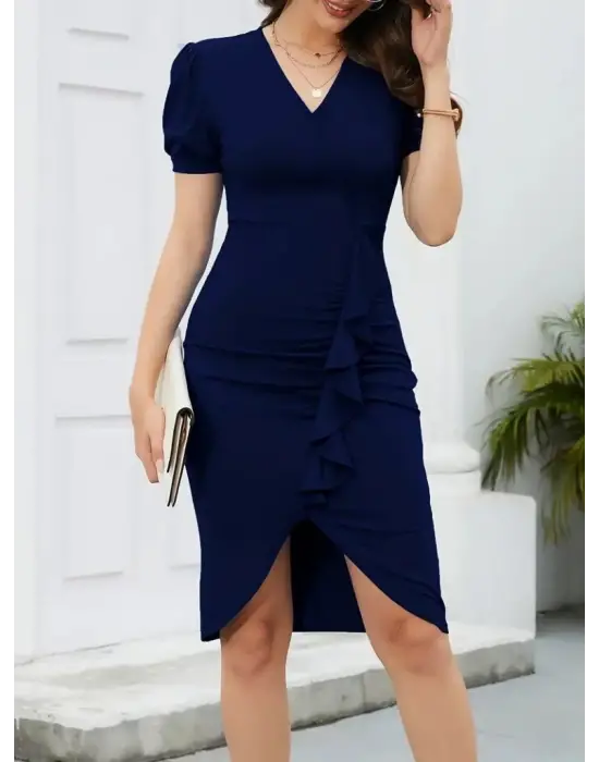 Kadın Kısa Kollu V Yakalı önden Fırfırlı Ithal Krep Elbise