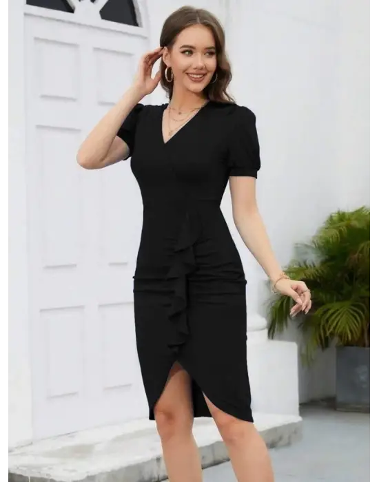 Omarı V Yakalı Fırfırlı Kısa Kollu Elbise