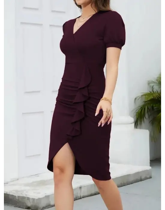 Kadın Kısa Kollu V Yakalı önden Fırfırlı Ithal Krep Elbise