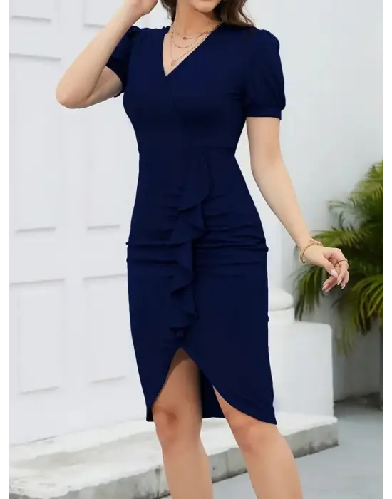 Kadın Kısa Kollu V Yakalı önden Fırfırlı Ithal Krep Elbise