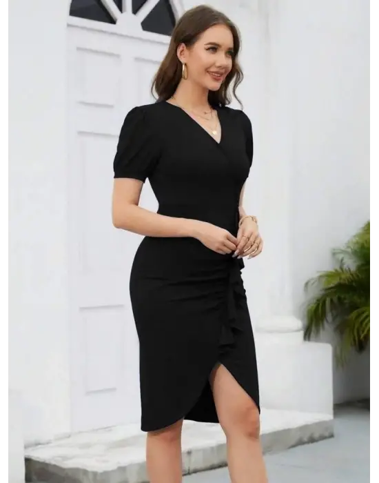 Omarı V Yakalı Fırfırlı Kısa Kollu Elbise