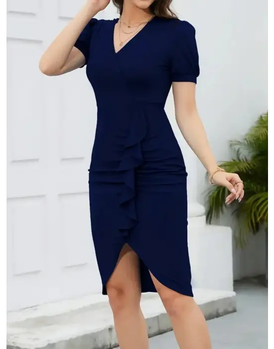 Kadın Kısa Kollu V Yakalı önden Fırfırlı Ithal Krep Elbise