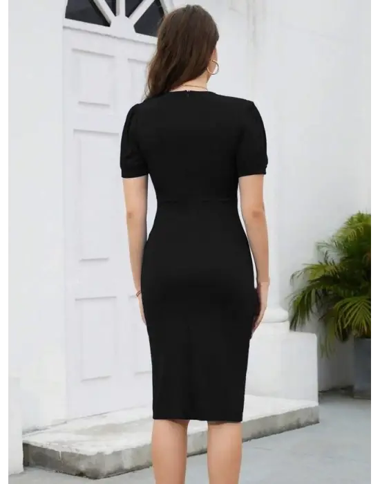 Kadın Kısa Kollu V Yakalı önden Fırfırlı Ithal Krep Elbise