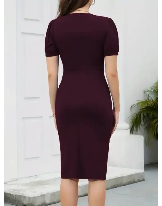 Kadın Kısa Kollu V Yakalı önden Fırfırlı Ithal Krep Elbise