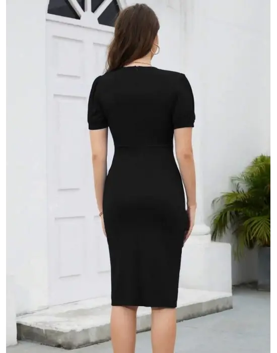 Omarı V Yakalı Fırfırlı Kısa Kollu Elbise