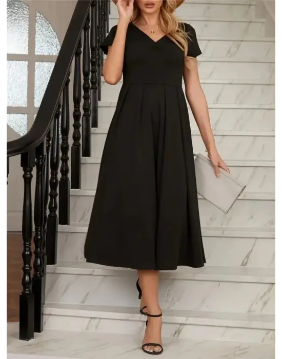 Omarı Şık V Yakalı Midi Krep Elbise