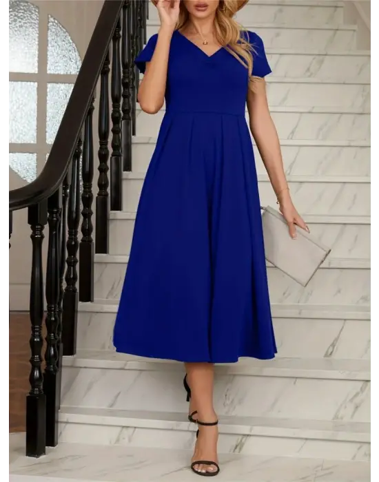 Kadın Kısa Kollu V Yakalı önden Pileli Midi Janjan Krep Elbise