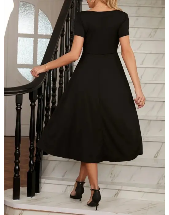 Kadın Kısa Kollu V Yakalı önden Pileli Midi Janjan Krep Elbise