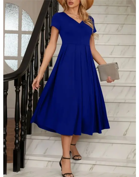 Kadın Kısa Kollu V Yakalı önden Pileli Midi Janjan Krep Elbise