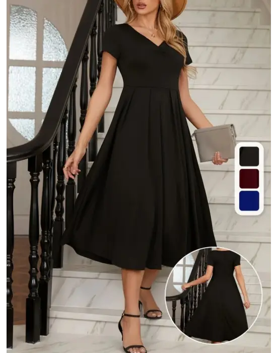 Kadın Kısa Kollu V Yakalı önden Pileli Midi Janjan Krep Elbise