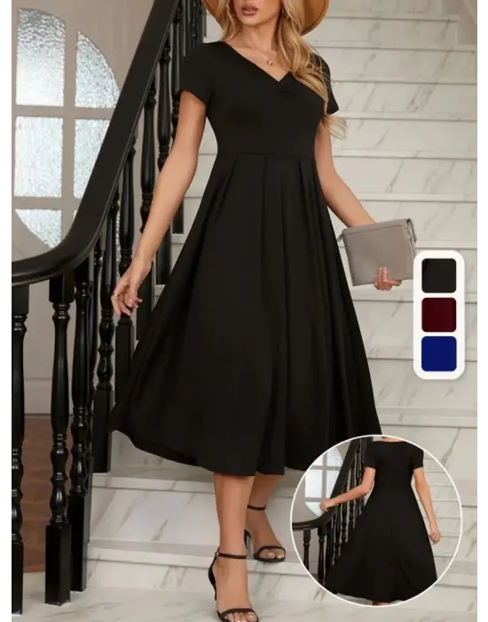 Omarı Şık V Yakalı Midi Krep Elbise