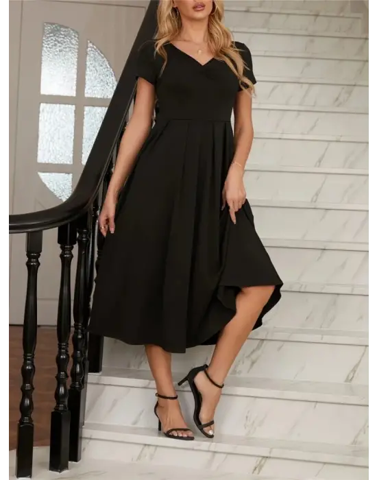 Omarı Şık V Yakalı Midi Krep Elbise