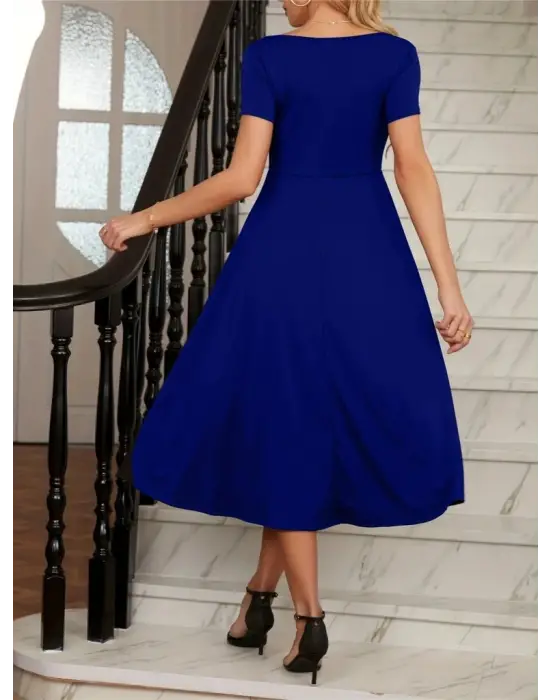 Kadın Kısa Kollu V Yakalı önden Pileli Midi Janjan Krep Elbise