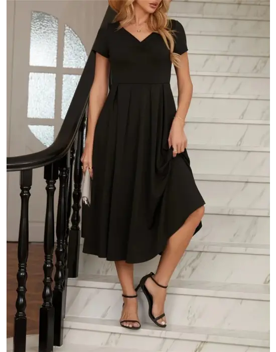 Omarı Şık V Yakalı Midi Krep Elbise