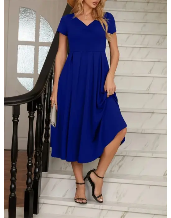 Kadın Kısa Kollu V Yakalı önden Pileli Midi Janjan Krep Elbise