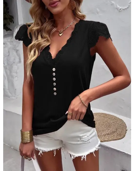 Kadın Kısa Kollu V Yakalı önü Düğmeli Viskon Bluz