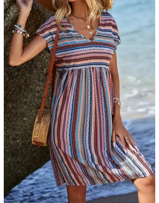 Kadın Kısa Kollu V Yakalı Pile Detay Keten Elbise