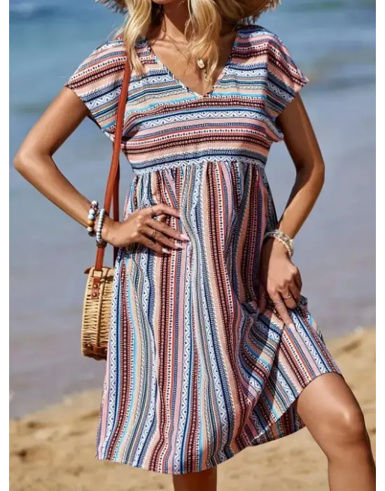 Kadın Kısa Kollu V Yakalı Pile Detay Keten Elbise