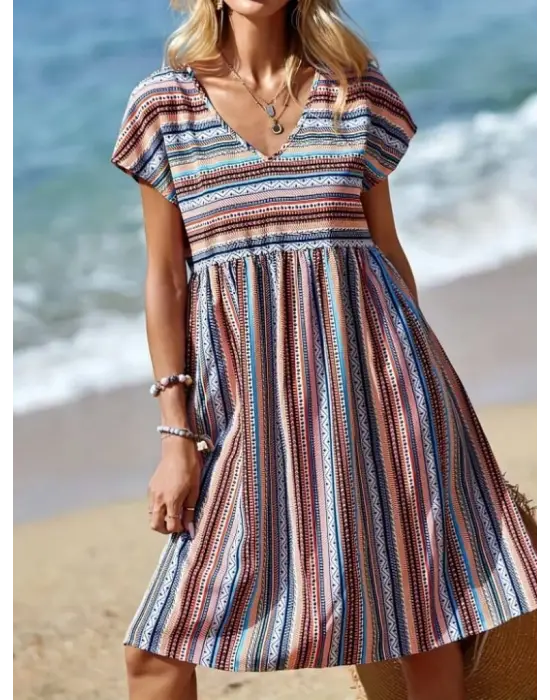 Kadın Kısa Kollu V Yakalı Pile Detay Keten Elbise