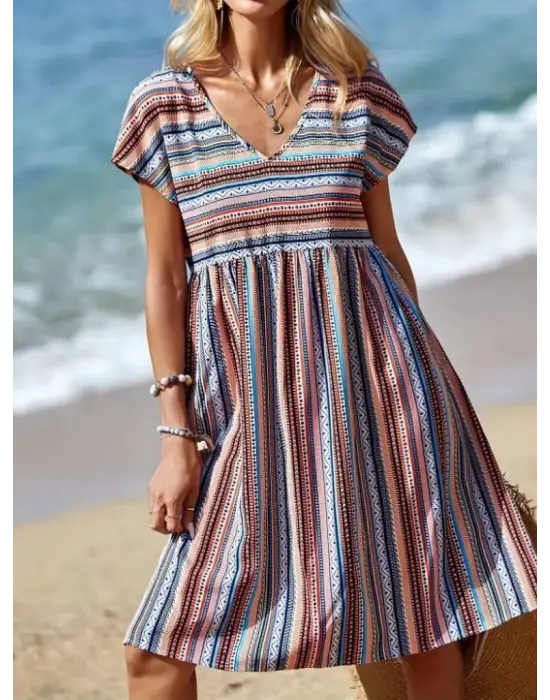 Omarı V Yakalı Kısa Kollu Keten Elbise