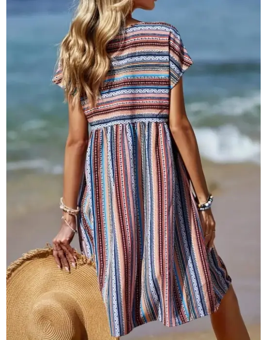 Kadın Kısa Kollu V Yakalı Pile Detay Keten Elbise