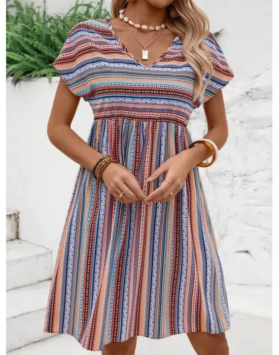 Kadın Kısa Kollu V Yakalı Pile Detay Keten Elbise