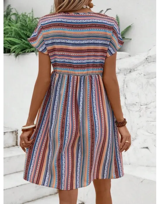 Kadın Kısa Kollu V Yakalı Pile Detay Keten Elbise