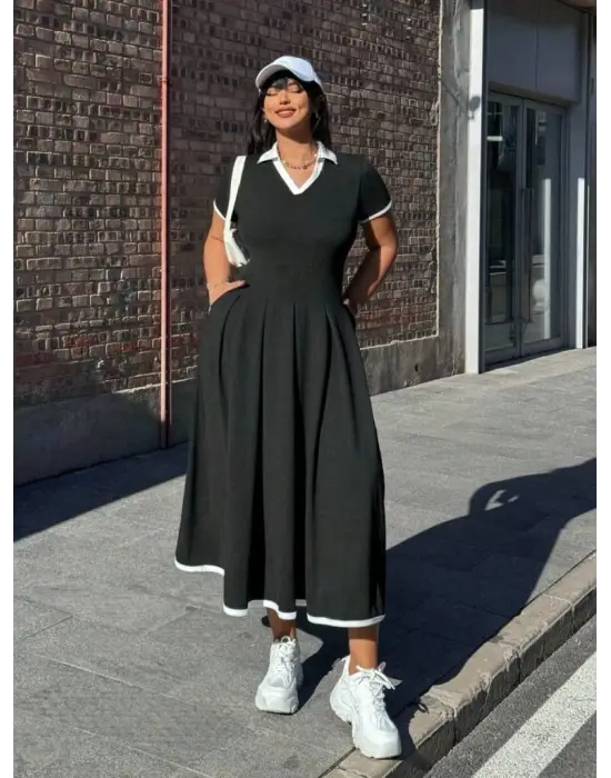 Kadın Kısa Kollu V Yakalı Pileli Uzun Janjan Krep Elbise