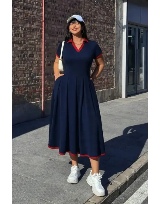 Kadın Kısa Kollu V Yakalı Pileli Uzun Janjan Krep Elbise