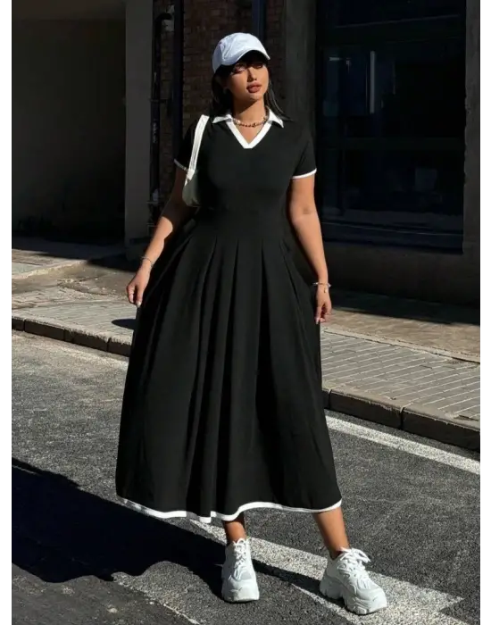 Kadın Kısa Kollu V Yakalı Pileli Uzun Janjan Krep Elbise