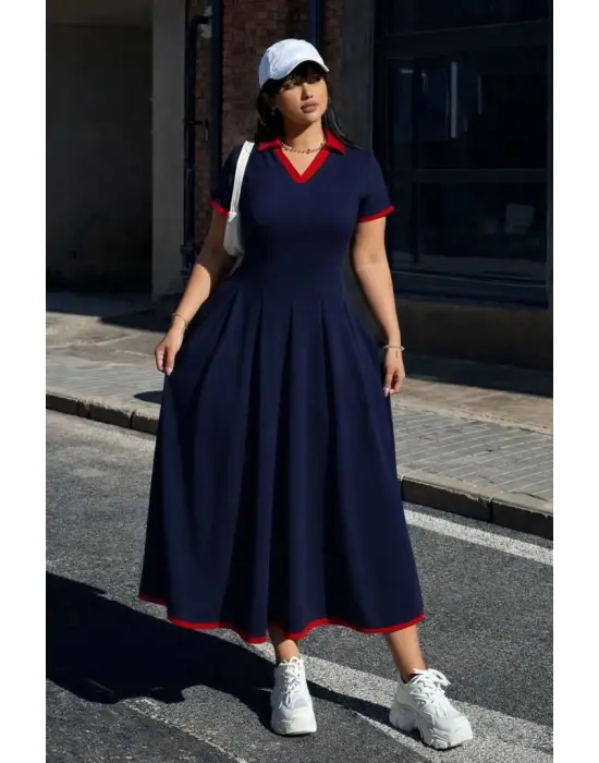 Kadın Kısa Kollu V Yakalı Pileli Uzun Janjan Krep Elbise