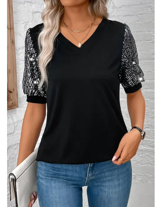 Omarı Şık V Yaka Pul Payet Detaylı Bluz