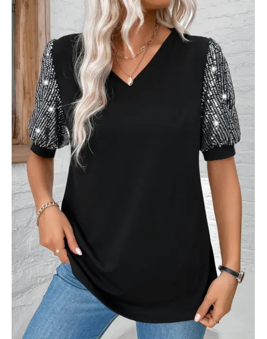 Omarı Şık V Yaka Pul Payet Detaylı Bluz