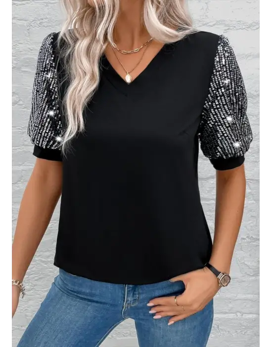 Omarı Şık V Yaka Pul Payet Detaylı Bluz