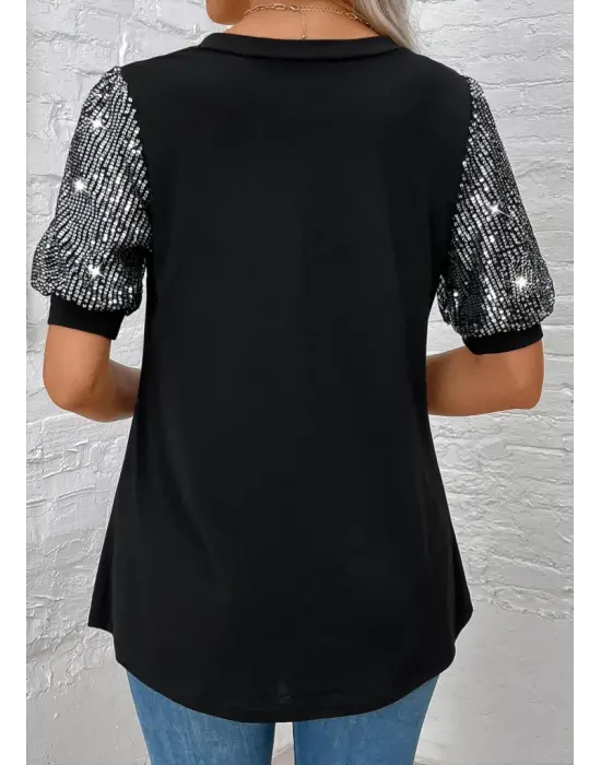 Omarı Şık V Yaka Pul Payet Detaylı Bluz