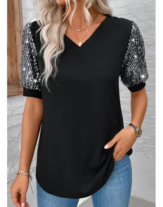 Omarı Şık V Yaka Pul Payet Detaylı Bluz