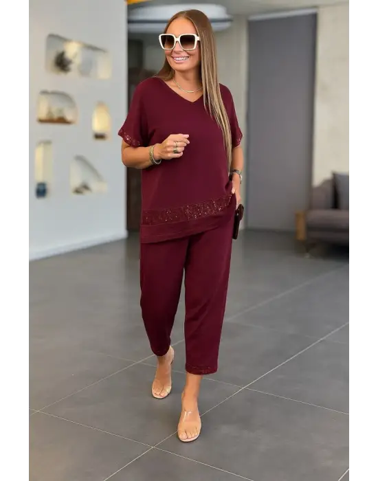 Kadın Kısa Kollu V Yakalı Pul Payetli Viskon Iki Iplik Bluz Ve Pantolon Ikili Takım
